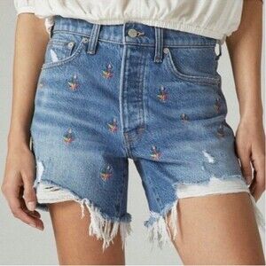 Lucky Brand Weed Leaf Lucky Legend Embroidered 5" High Rise 90s Shorts 4 27